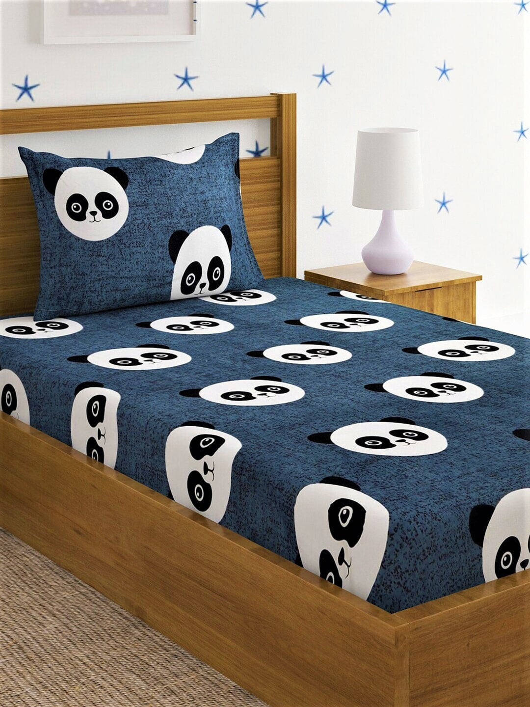 Home Sizzler Grey & White Panda 210 TC Bedsheet with Pillow Cover - Distacart