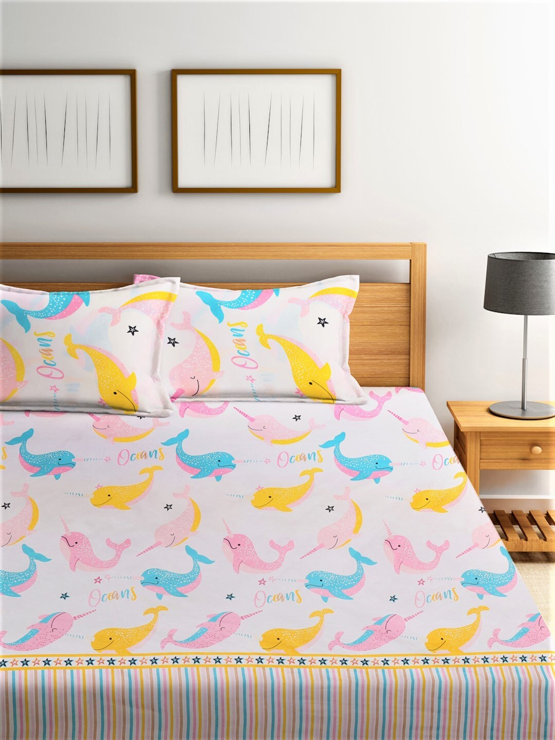 Home Sizzler Pink & Blue Cartoon 210 TC Cotton Bedsheet with Pillow Covers - Distacart