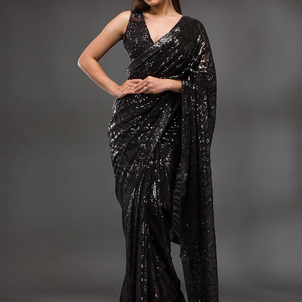 Koskii Embellished Sequinned Pure Georgette Saree - Distacart