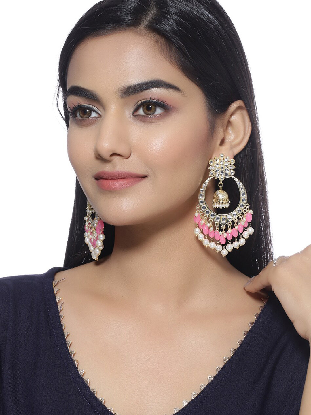 Shoshaa Pink & Gold-Toned Contemporary Kundan Drop Earrings With Pearls - Distacart