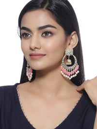 Thumbnail for Shoshaa Pink & Gold-Toned Contemporary Kundan Drop Earrings With Pearls - Distacart