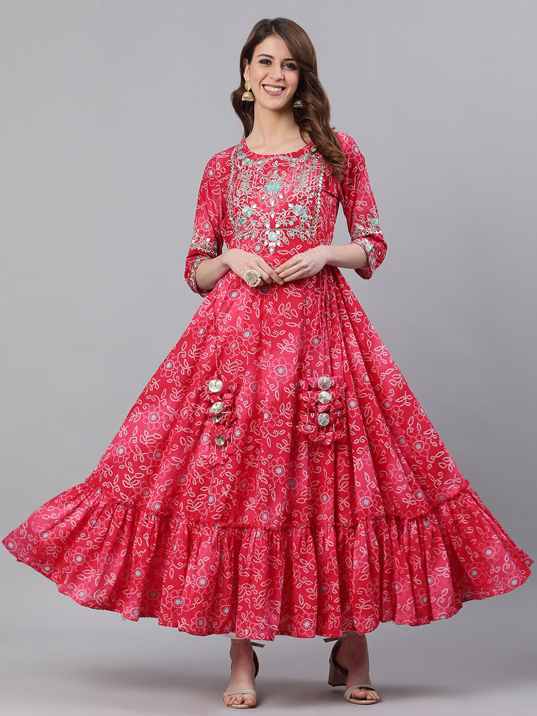Ishin Women Pink Printed Anarkali Round Neck Regular Sleeves Kurta - Distacart