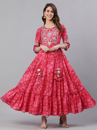 Thumbnail for Ishin Women Pink Printed Anarkali Round Neck Regular Sleeves Kurta - Distacart