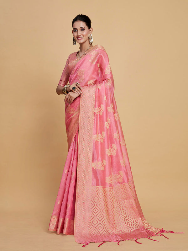 Sangria Pink Woven Design Organza Saree - Distacart