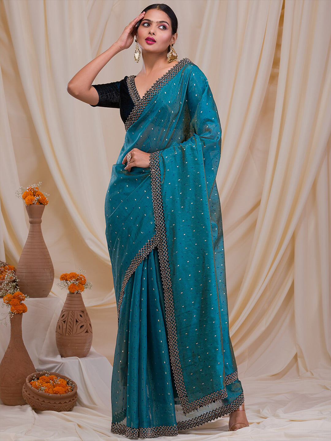 Koskii Embellished Beads and Stones Tissue Saree - Distacart
