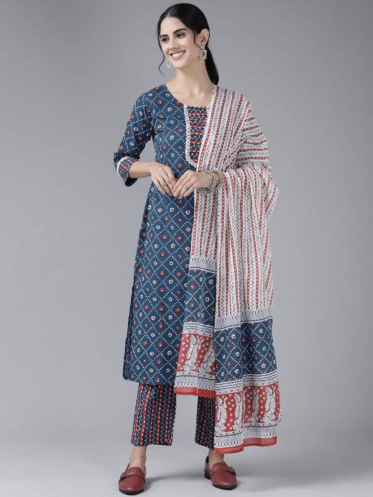Yufta Women Blue & White Printed Pure Cotton Kurta with Palazzo & With Dupatta