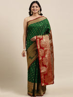 Thumbnail for Mitera Green & Gold-Toned Woven Design Zari Silk Cotton Banarasi Saree - Distacart
