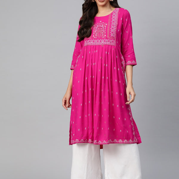 Kalini Ethnic Motifs Printed High Slit Mirror Work Kurta - Distacart