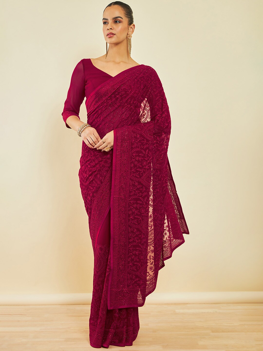 Soch Floral Embroidered Saree - Distacart