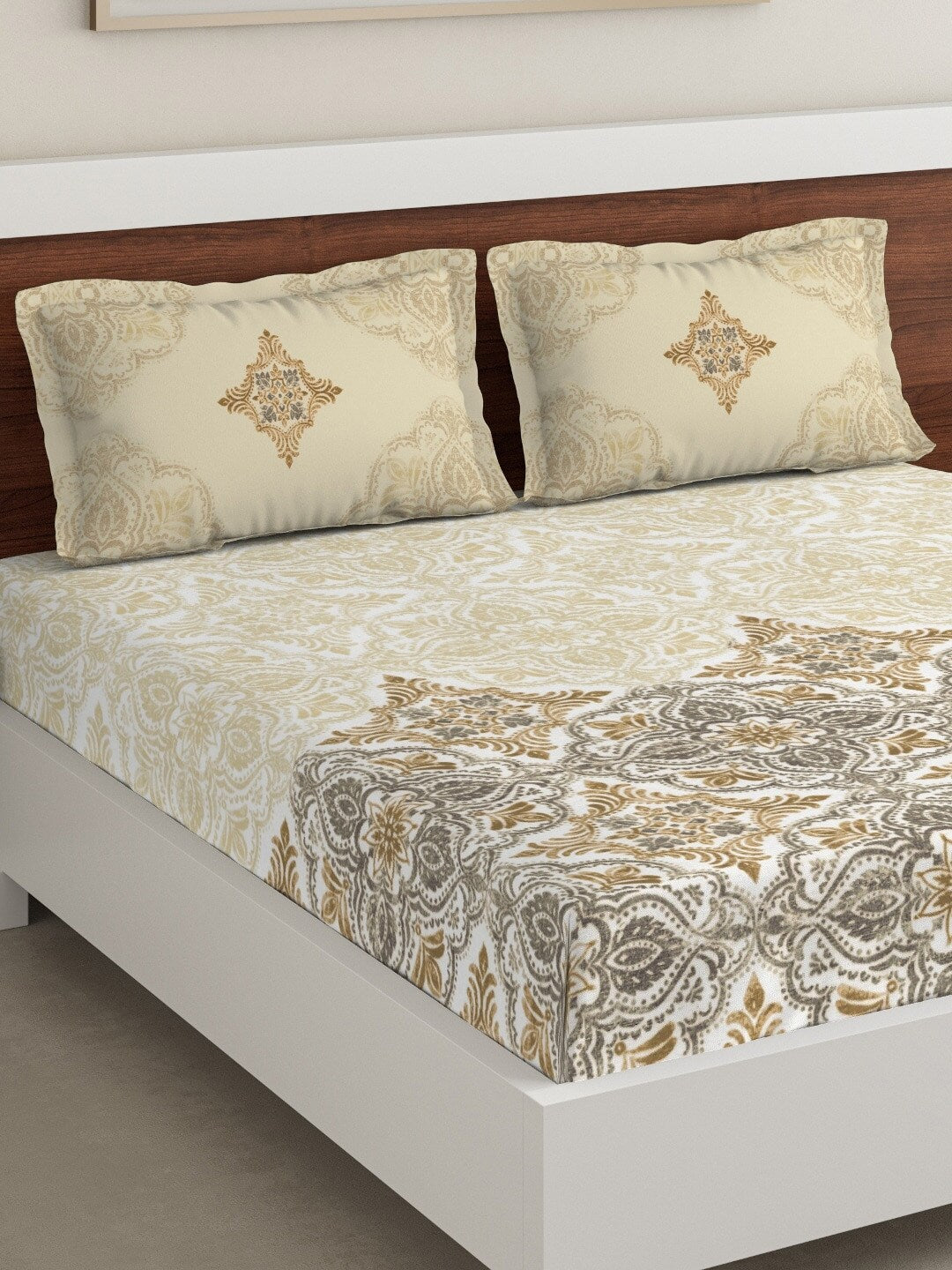 DDecor Beige & Grey Ethnic Motifs 180 TC Cotton 1 King Bedsheet with 2 Pillow Covers - Distacart