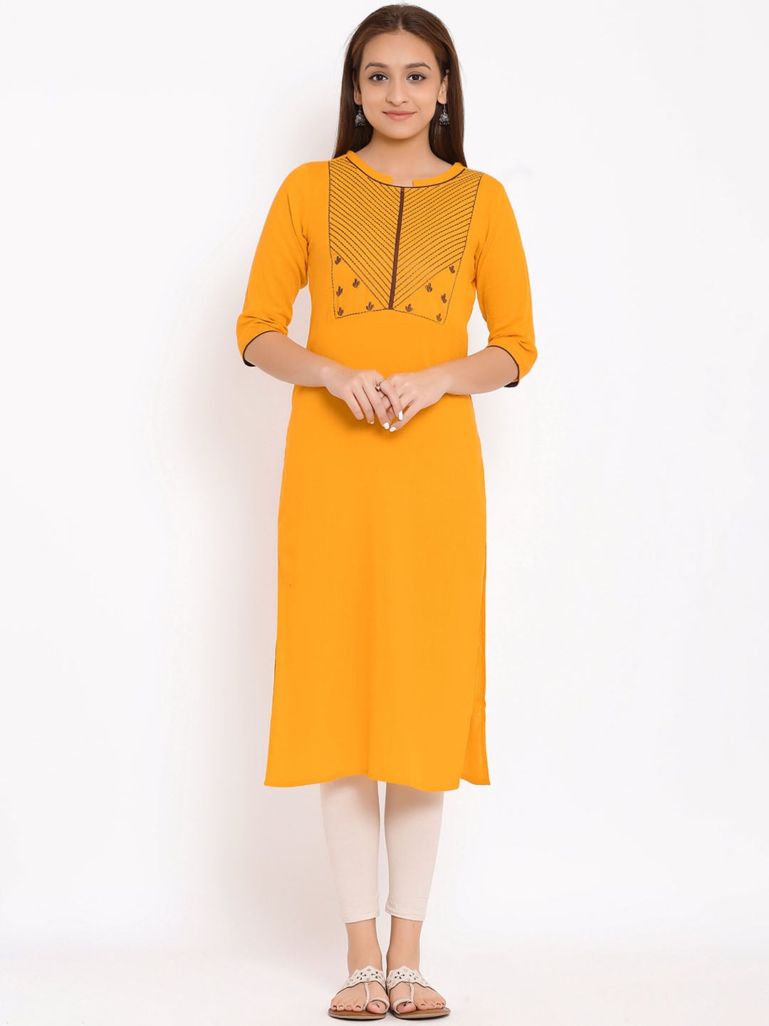 HERE&NOW Yellow Geometric Yoke Design Thread Work Kurta - Distacart