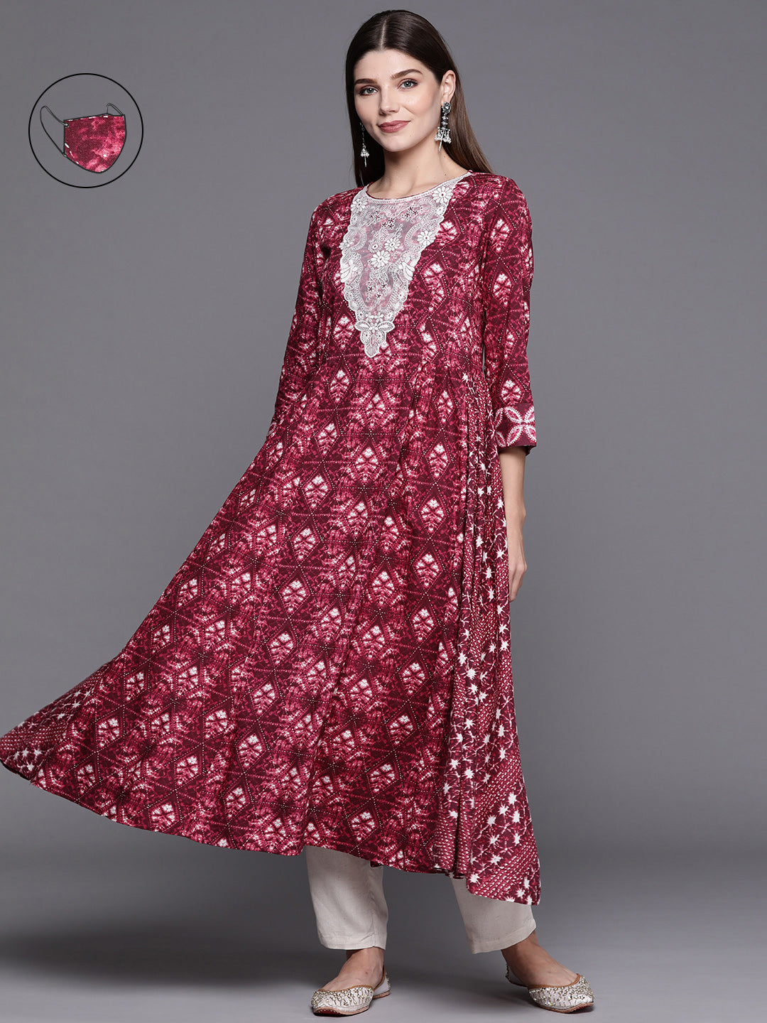 Biba Women Magenta Ethnic Motifs Printed Kurta with Mask - Distacart