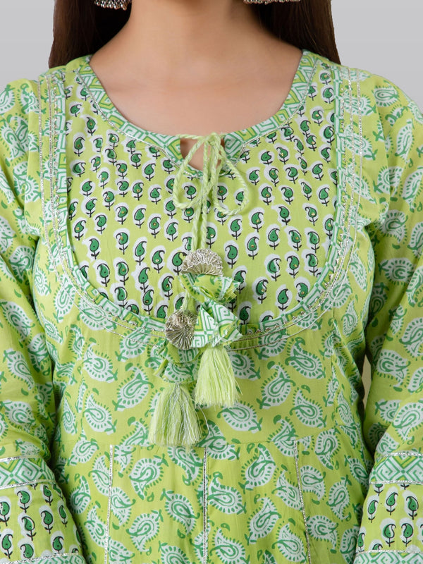 Kalini Women Green Paisley Printed Panelled Pure Cotton Kurta with Churidar & With Dupatta - Distacart