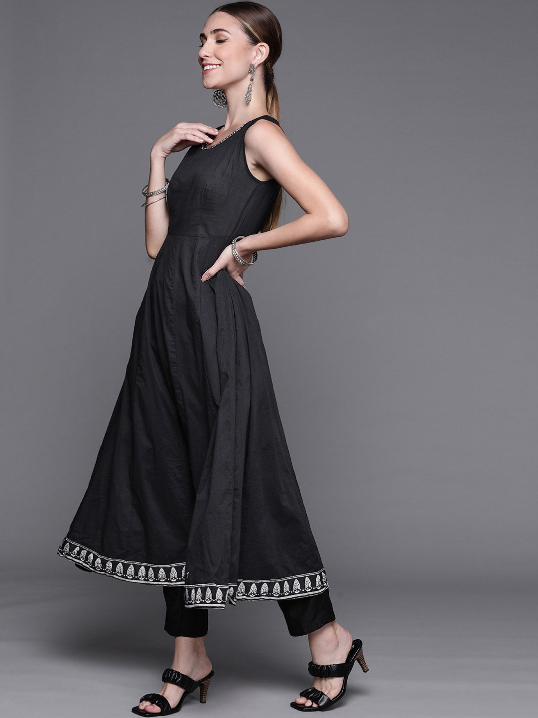 Biba Women Black & White Pure Cotton Geometric Printed Layered Kurta - Distacart