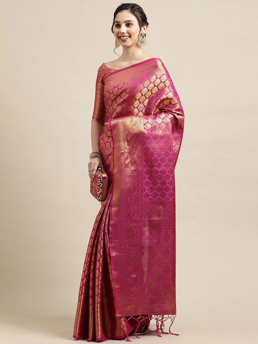 Saree Mall Pink & Gold-Toned Woven Design Zari Silk Blend Banarasi Saree - Distacart
