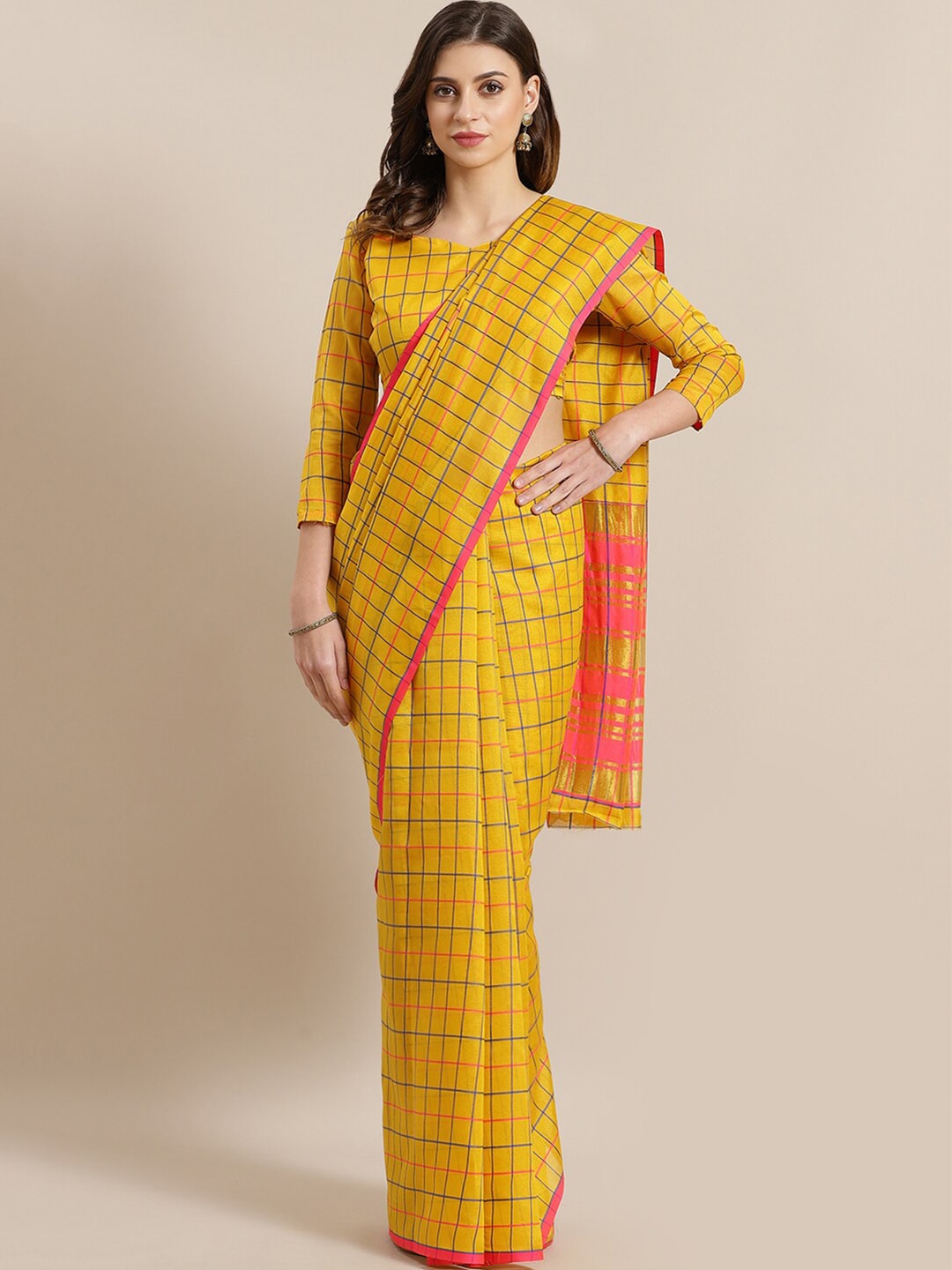Saree Mall Mustard & Coral Checked Silk Cotton Sarees - Distacart