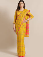 Thumbnail for Saree Mall Mustard & Coral Checked Silk Cotton Sarees - Distacart