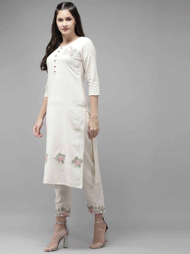 Yufta Women White Ethnic Motifs Printed Thread Work Kurta with Trouser & With Dupatta