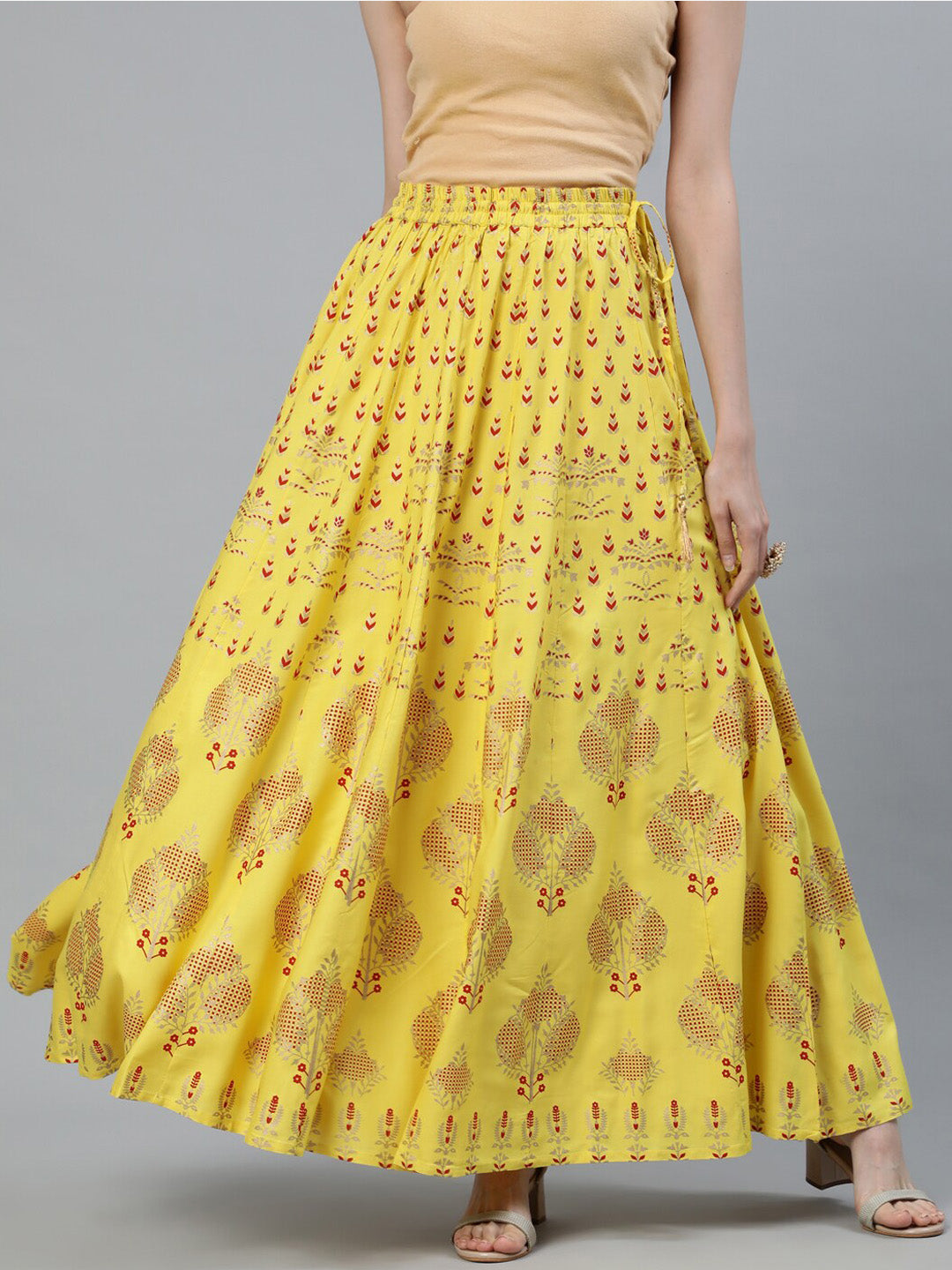 Jaipur Kurti Yellow & Red Printed Flared Women Maxi Skirt - Distacart
