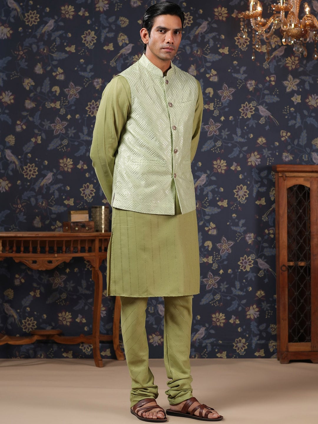 House of Pataudi Straight Kurta With Pyjamas & Embroidered Sequin Work Nehru Jacket - Distacart