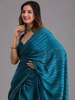 Thumbnail for Koskii Blue & Silver-Toned Striped Beads and Stones Saree - Distacart