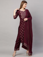 Thumbnail for Kalini Women Burgundy Ethnic Motifs Printed Kurta with Trousers & With Dupatta - Distacart