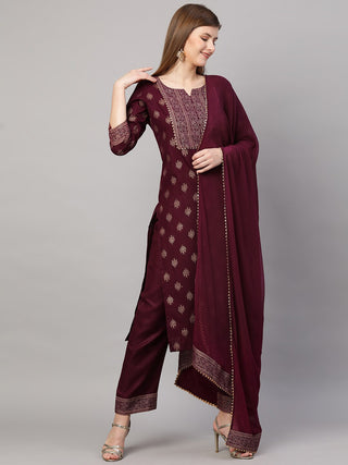 Kalini Women Burgundy Ethnic Motifs Printed Kurta with Trousers & With Dupatta - Distacart