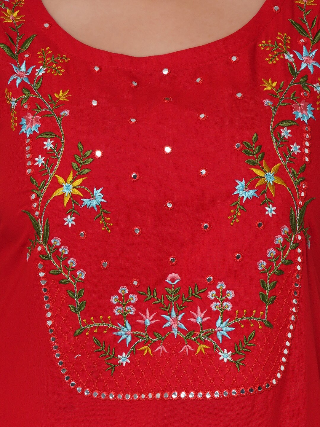Kalini Women Red Floral Embroidered Mirror Work Kurta with Trousers - Distacart