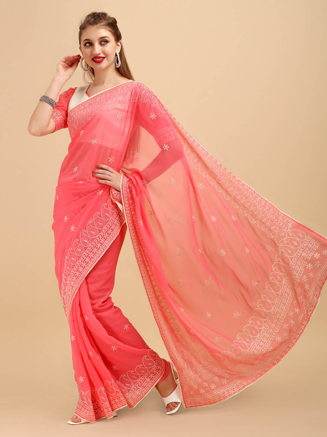 Sangria Rose & Gold-Toned Floral Chikankari Silk Blend Saree - Distacart