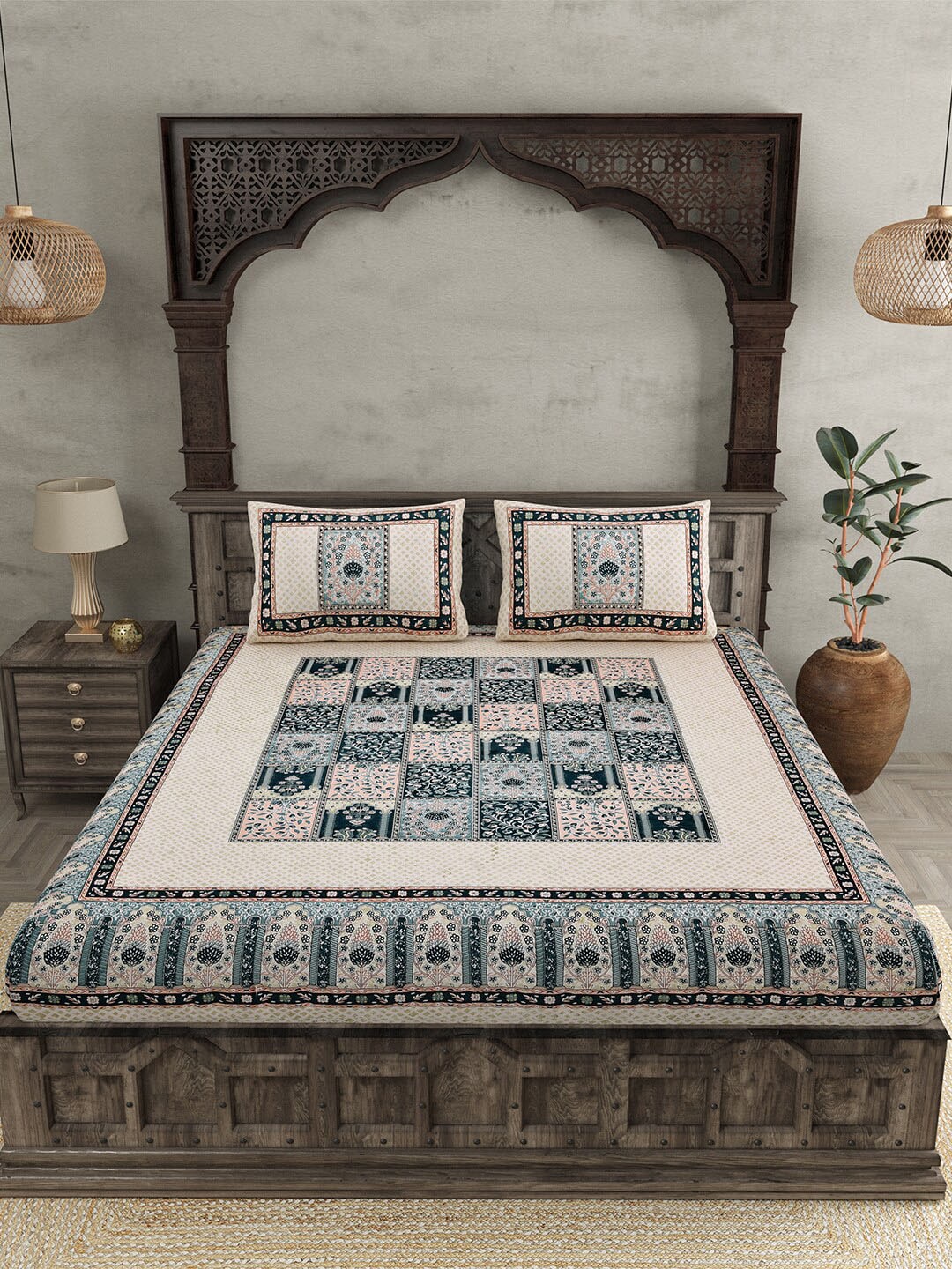 JAIPUR FABRIC Beige & Green Ethnic Motifs Cotton 210 TC Queen Bedsheet & 2 Pillow Covers - Distacart