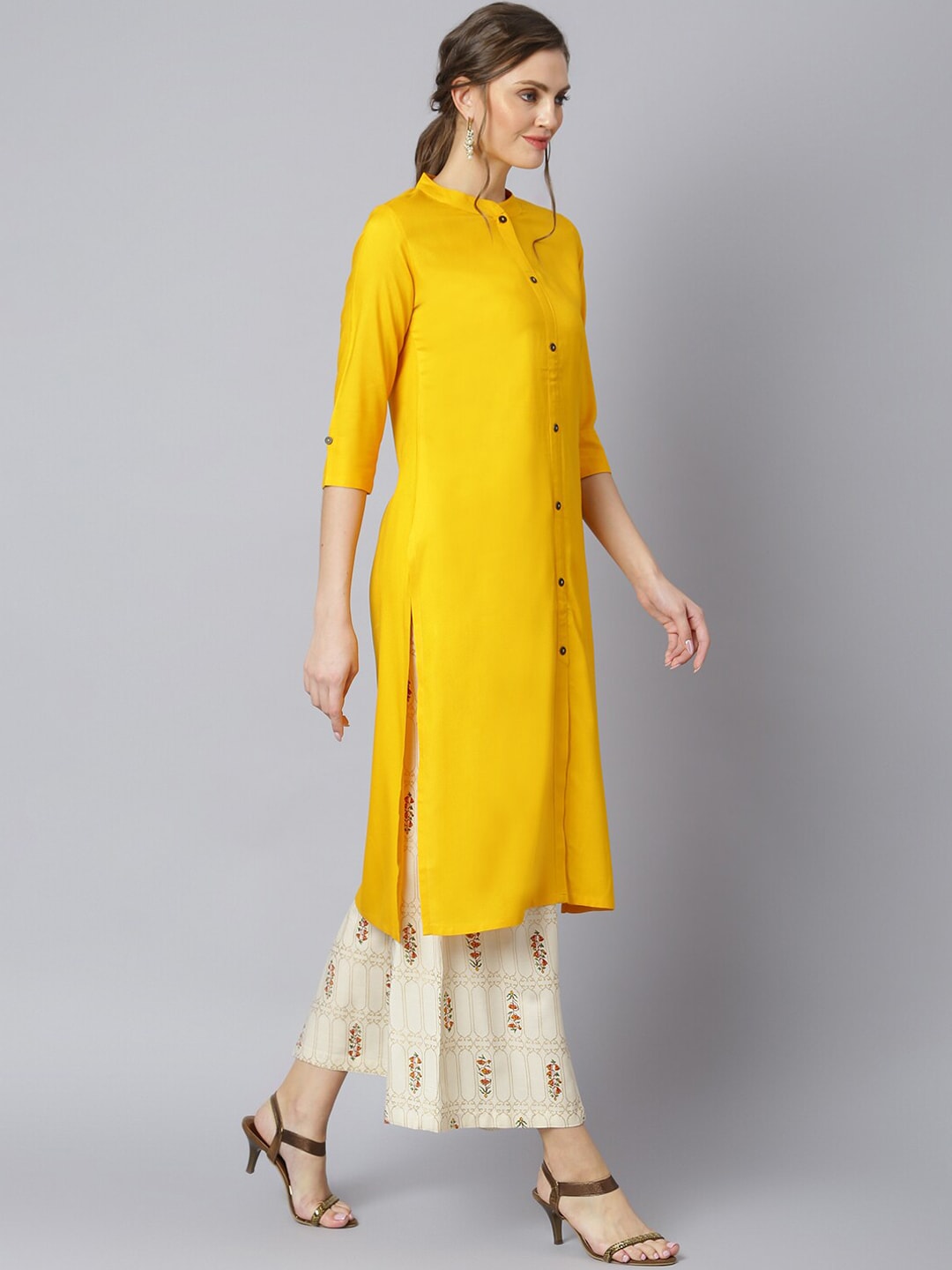 Khushal K Women Yellow Floral Rayon Kurta with Palazzos - Distacart