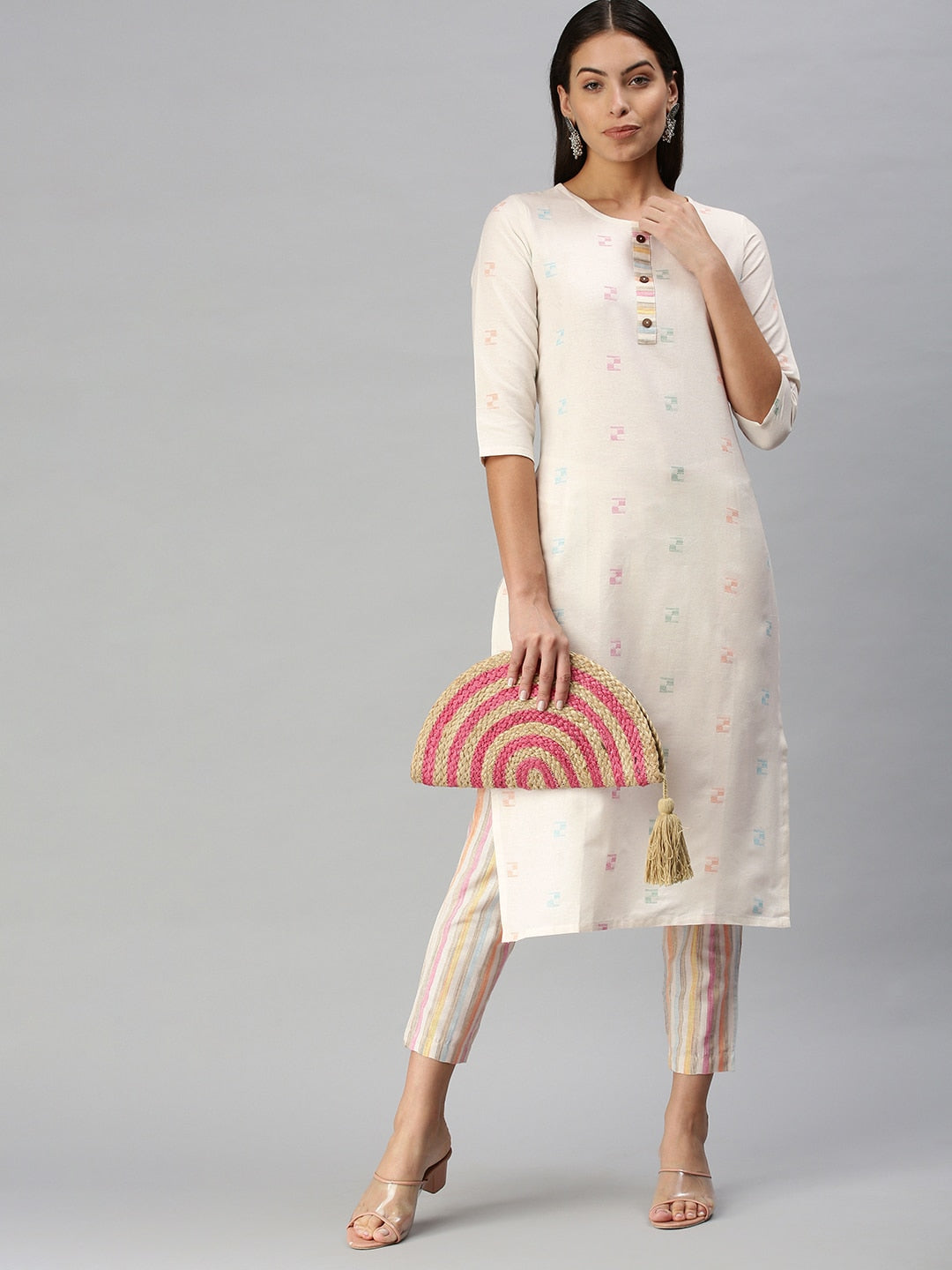 Kalini Women White Pure Cotton Geometric Woven Design Kurta with Trousers - Distacart