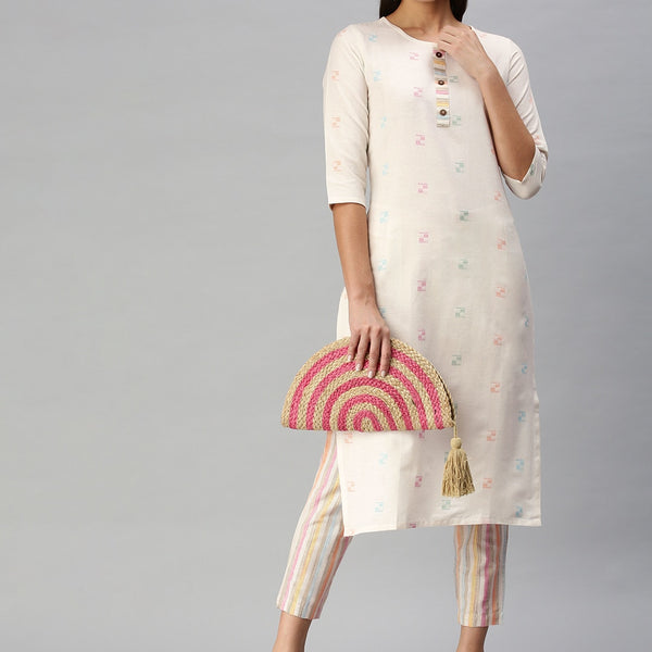 Kalini Women White Pure Cotton Geometric Woven Design Kurta with Trousers - Distacart