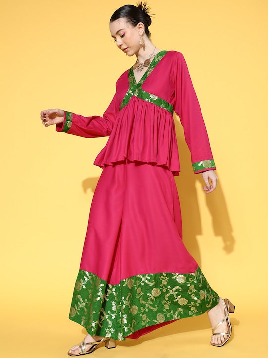 InWeave Women's Fuchsia Green Brocade Mughal Shaan Kurta Palazzo Set - Distacart