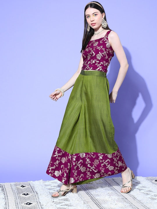 InWeave Women's Wine Brocade Strappy Top W Olive Wine Brocade Palazzo Set - Distacart