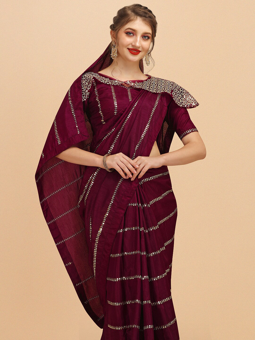 Sangria Women Burgundy Sarees - Distacart