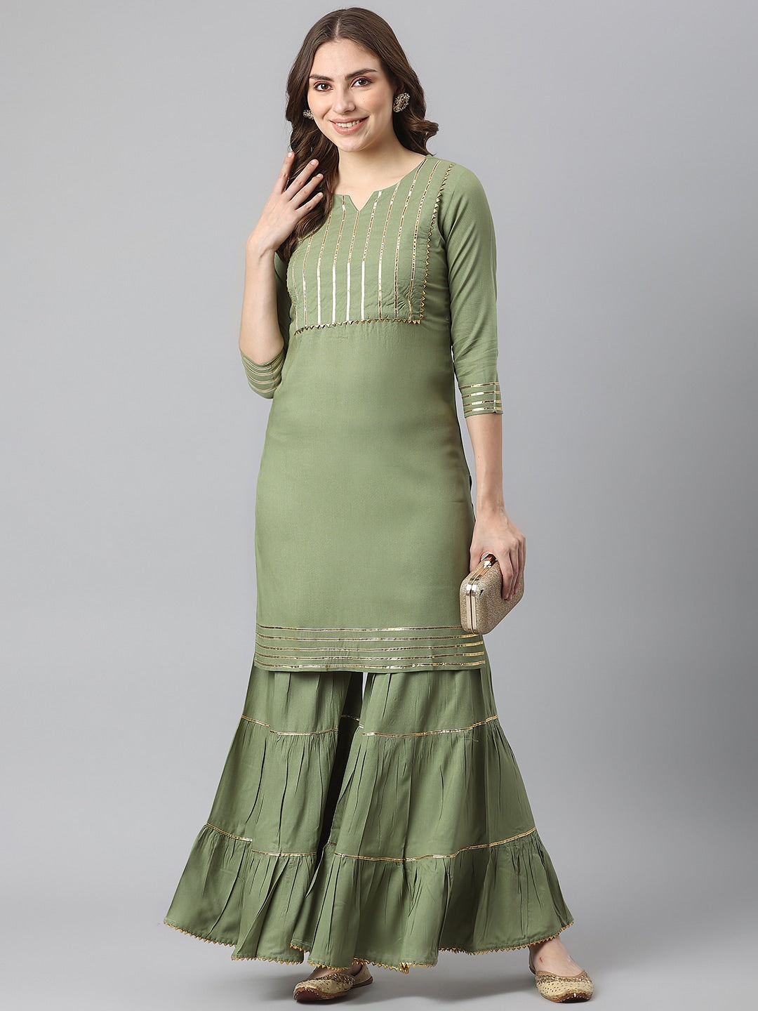 Kalini Women Green Yoke Design Gotta Patti Kurta with Sharara - Distacart