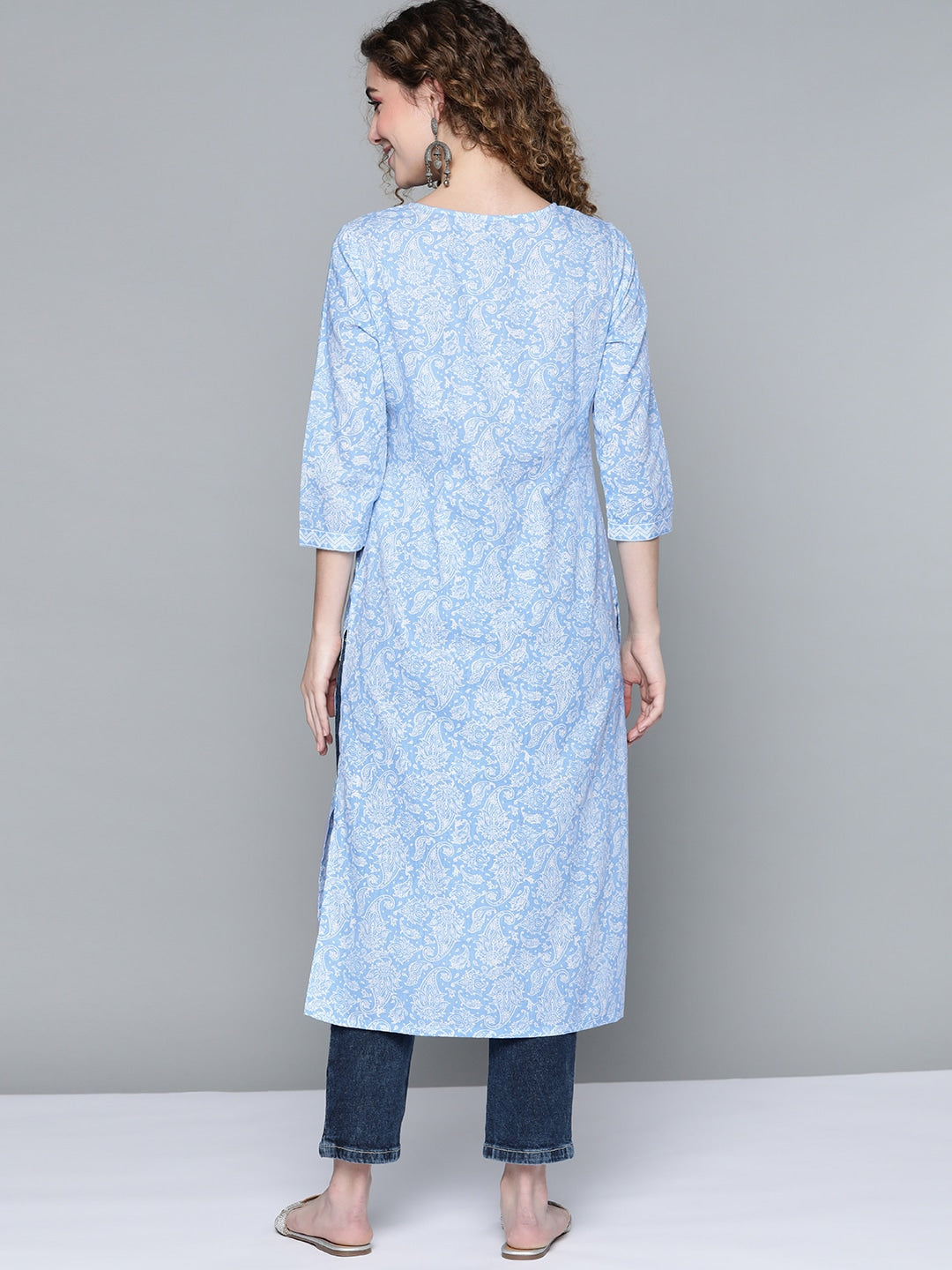 HERE&NOW Women Blue & White Paisley Printed Cotton Kurta - Distacart