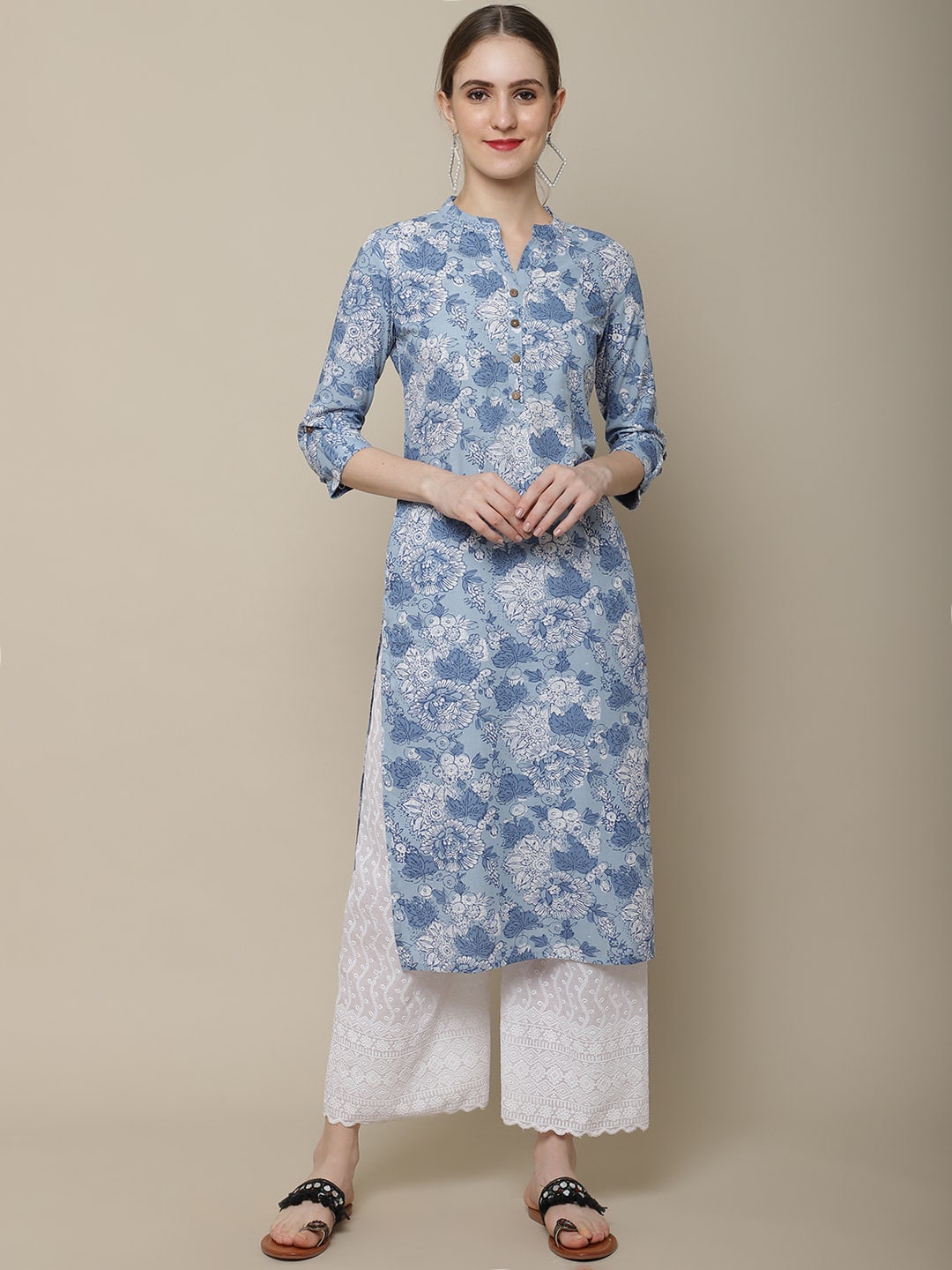 Sangria Women Blue & White Cotton Floral Printed Kurta - Distacart
