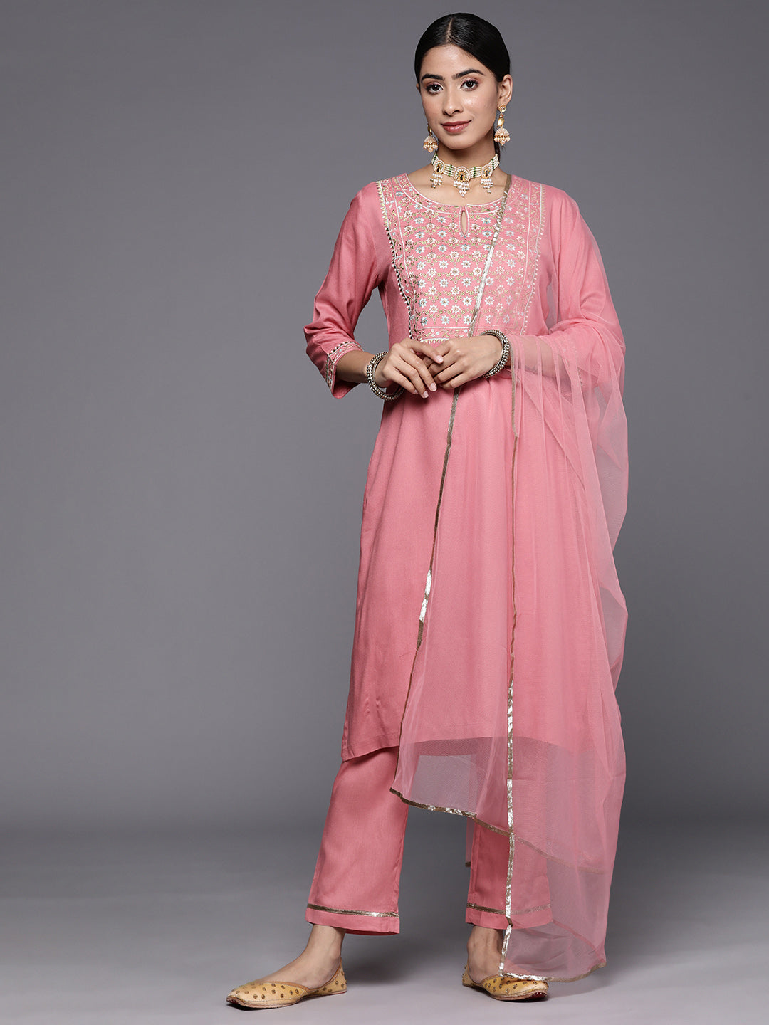 Biba Embroidered Yoke design Straight Kurta with Trousers & Net Dupatta - Distacart