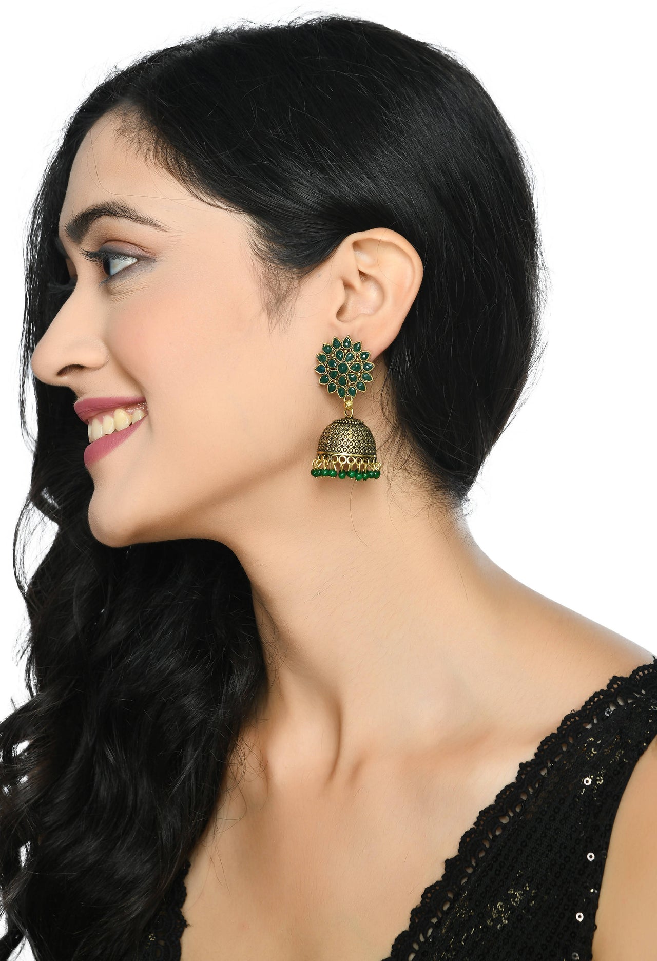 Mominos Fashion Johar Kamal Beautiful Kundan Work Jhumka With Green Beads - Distacart