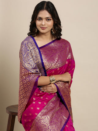 Mitera Pink & Golden Ethnic Motifs Banarasi Saree with Zari Border - Distacart