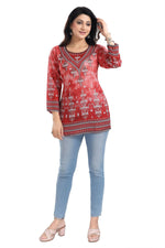 Thumbnail for Snehal Creations Rustic Rust Faux Crepe Printed Short Kurti Tunic Top - Distacart