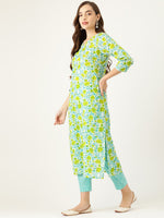 Thumbnail for Sangria Women Blue & Yellow Floral Printed Pure Cotton Kurta with Trousers - Distacart