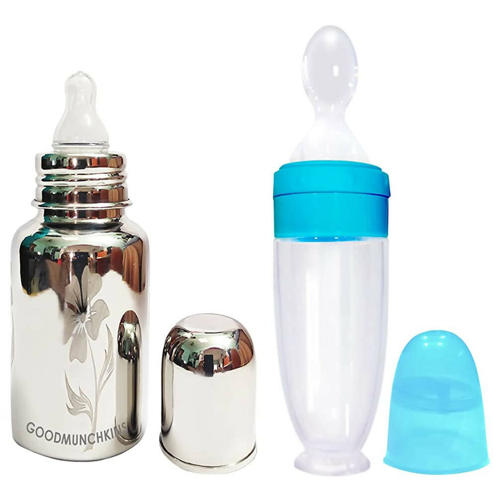 Goodmunchkins Stainless Steel Feeding Bottle 304 Grade Jointless & Spoon Food Feeder for Baby Nipple Feeder 300 ml Combo Pack-Blue - Distacart