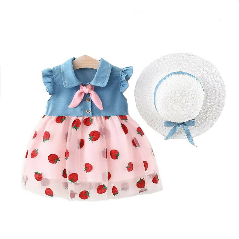 Bold N Elegant Cap Sleeve Denim Embroidered Midi Party Dress Frock with Hat Dress - Strawberry Pink - Distacart