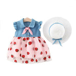 Thumbnail for Bold N Elegant Cap Sleeve Denim Embroidered Midi Party Dress Frock with Hat Dress - Strawberry Pink - Distacart
