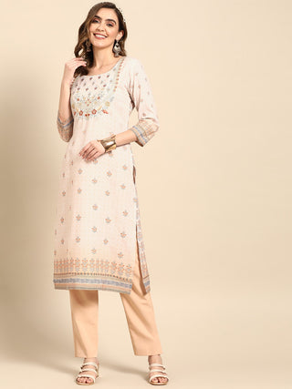 Sangria Women Beige Floral Printed Kurta - Distacart
