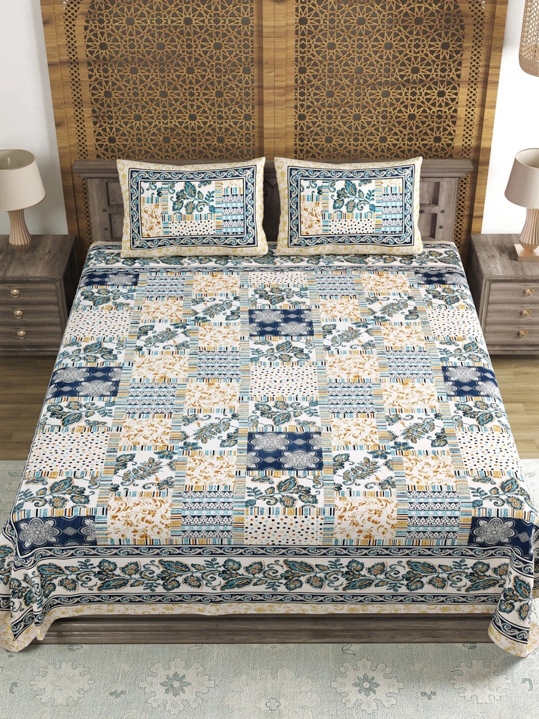 Sangria Blue & Brown Printed Cotton 210TC Double King Bedsheet With 2 Pillow Covers - Distacart
