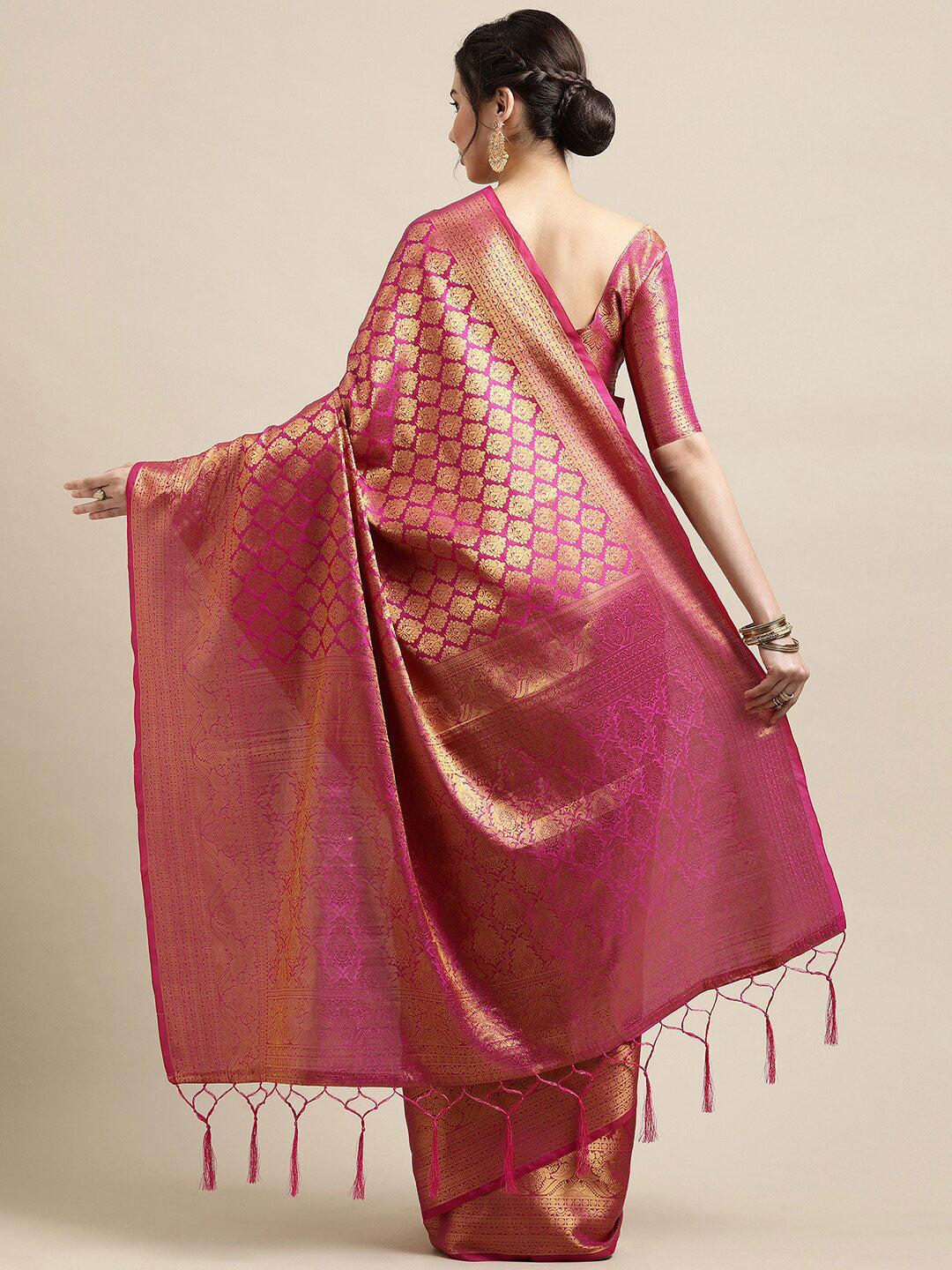 Saree Mall Pink & Gold-Toned Woven Design Zari Silk Blend Banarasi Saree - Distacart